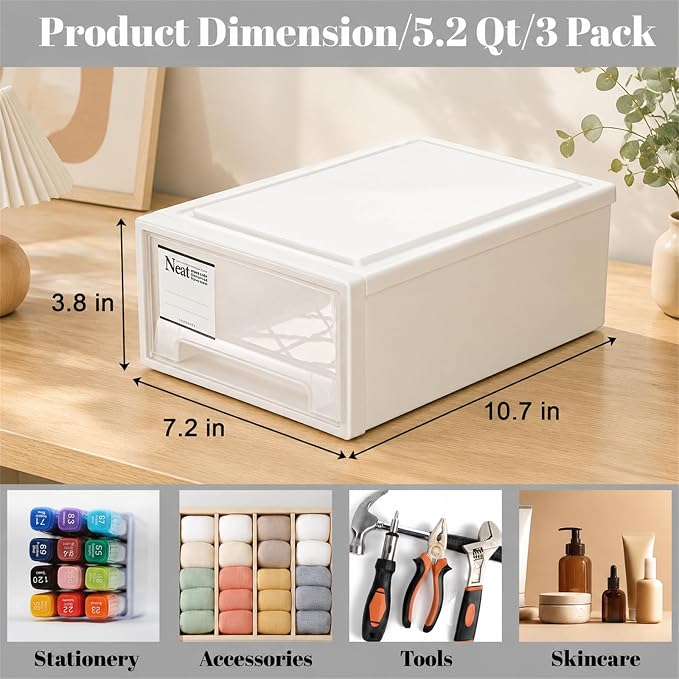 3 Pack Plastic Stackable DrawerStorage Drawers Bins, Small Drawer-type Desk - Image 3