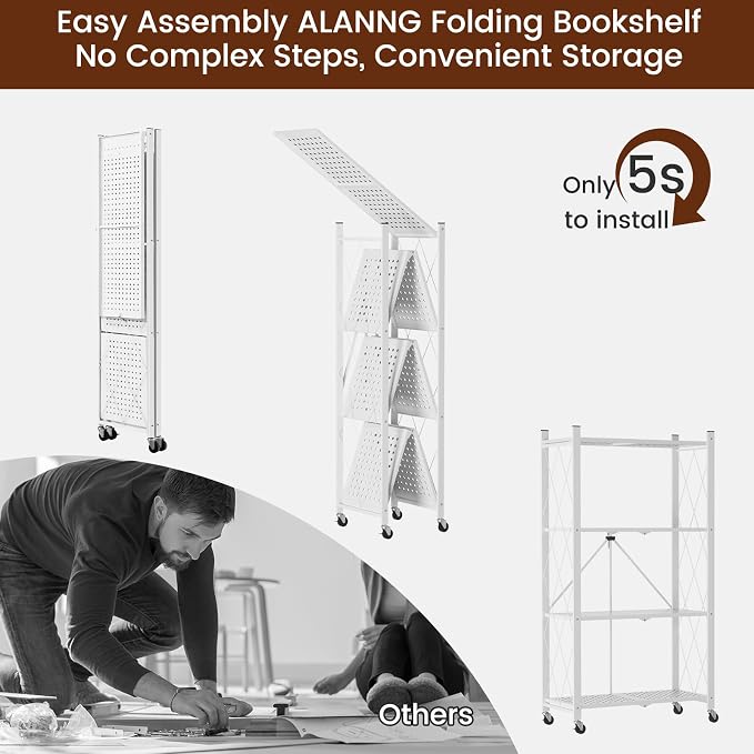 ALANNG 4 Tier Folding Storage Shelf on Wheels, Heavy Duty Metal Rolling Cart | - Image 7