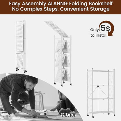 ALANNG 4 Tier Folding Storage Shelf on Wheels, Heavy Duty Metal Rolling Cart | - Image 7