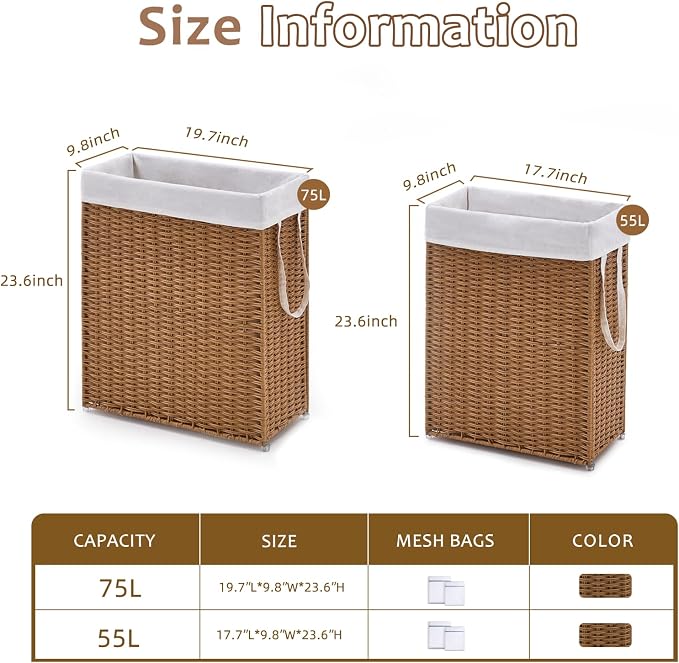 Slim Wicker Laundry Hamper, 75L Handwoven Rattan Basket - Image 6