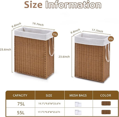 Slim Wicker Laundry Hamper, 75L Handwoven Rattan Basket - Image 6