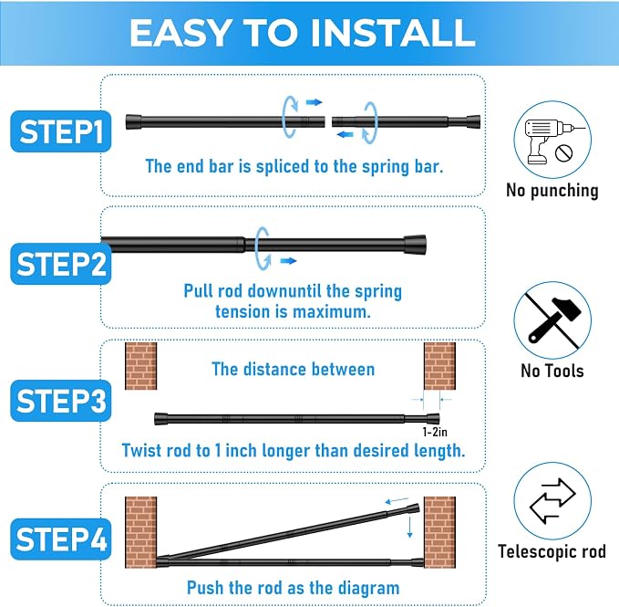 2 Pack Spring Loaded Tension Rod 48-59" Adjustable Curtain Rods No Drill - Image 8