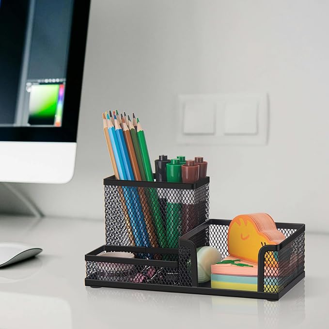 Comix Mesh Pen Pencil Holder Desk Organizer, 3 Compartment Wire Desktop Pen - Image 7