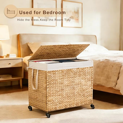 3-Section Laundry Hamper with Lid, Large Capacity Woven Natural Water Hyacinth - Image 8