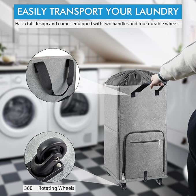 Laundry Hamper with Wheels, Bukere Large Rolling Laundry Basket with 4 Casters - Image 2