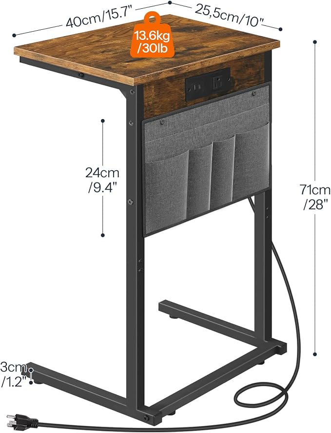 HOOBRO C Shaped End Table with Charging Station, Sofa Arm Tray Table with - Image 3