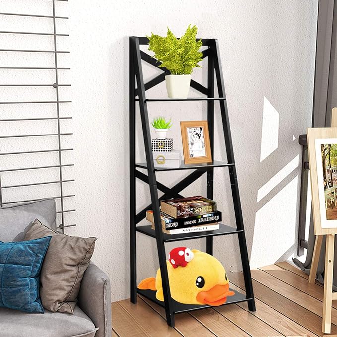 Tangkula 4-Tier Ladder Shelf Bookcase Leaning Free Standing Wooden Frame Decor - Image 2
