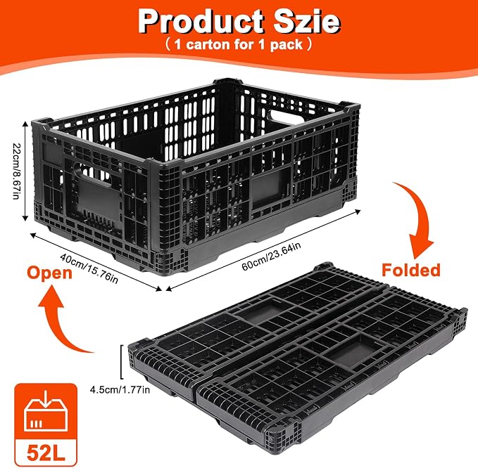 Collapsible Milk Crates for Storage, 52L Storage Crates, Heavy Duty Milk Crate - Image 2