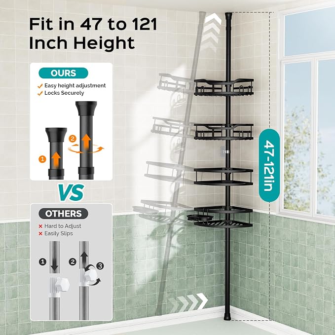 HAMITOR Corner Shower Caddy Tension Pole: Rustproof Stable 4-Tier Bathroom - Image 4