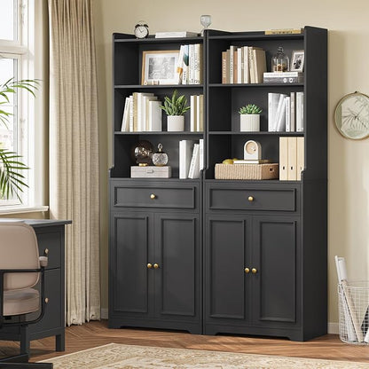 DICTAC Bookcase with Drawers and Doors 73.23'' Tall Bookshelf with Open Shelves - Image 4