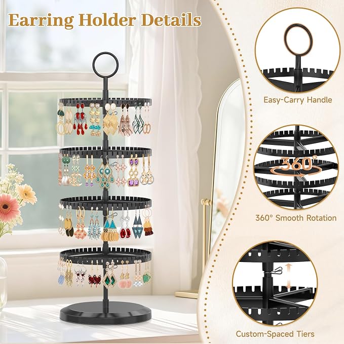 MODOWEY Rotating Earring Holder Organizer Adjustable Display, 4 Tiers Black | - Image 4