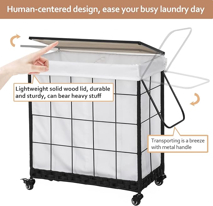 Durable Laundry Hamper with Removable Liner Bag, Heavy Duty Wheels, Wood Lid - Image 3