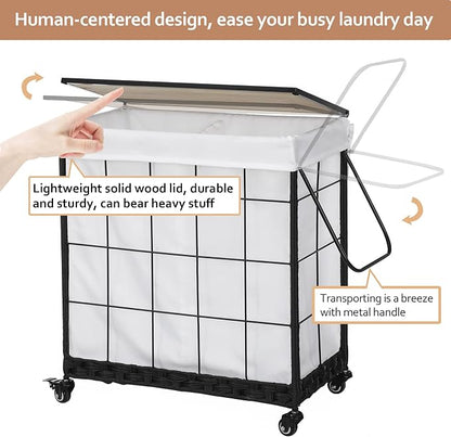 Durable Laundry Hamper with Removable Liner Bag, Heavy Duty Wheels, Wood Lid - Image 3