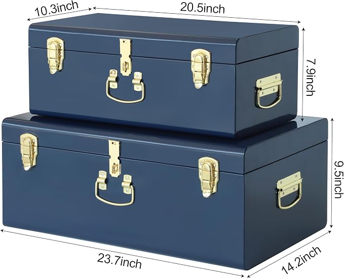 Vixdonos Decorative Large Metal Box Storage Trunk Chest Set of 2 College Dorm - Image 2