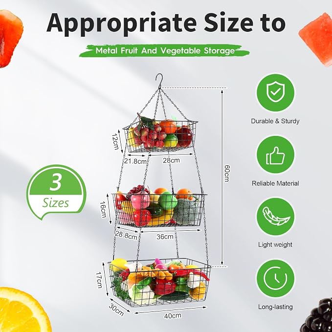 Hicarer 3 Tier Hanging Fruit Basket Square 35.4 Inch Fruit Organizer Kitchen - Image 2