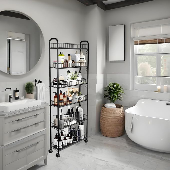 Slim Storage Cart with Wheels, 6-Tier 6in Black Narrow Rolling Shelf, Sturdy - Image 6