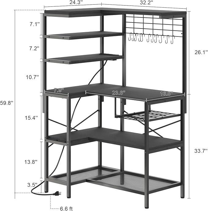 L-Shaped Bakers Rack with Power Outlet, 6-Tier Microwave Stand with Open Storage - Image 3