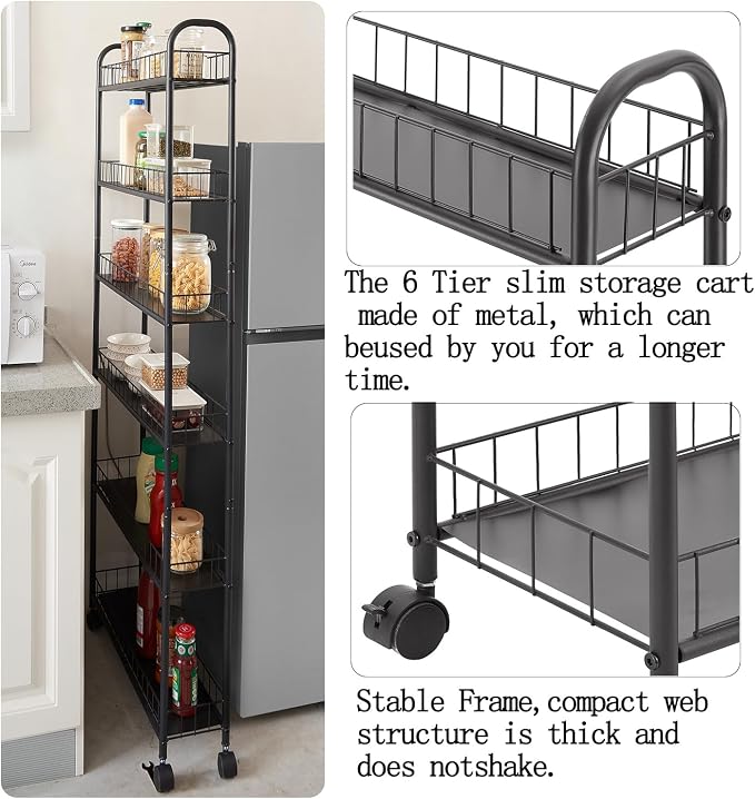 6 Tier Slim Rolling Storage Cart, Mobile Shelving Unit - Image 4