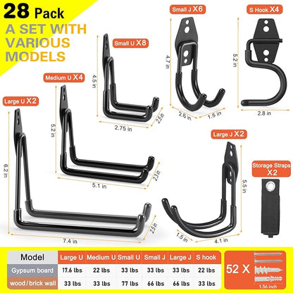 28 Pack Heavy Duty Garage Hooks, Utility Wall Mounted Storage System, - Image 3