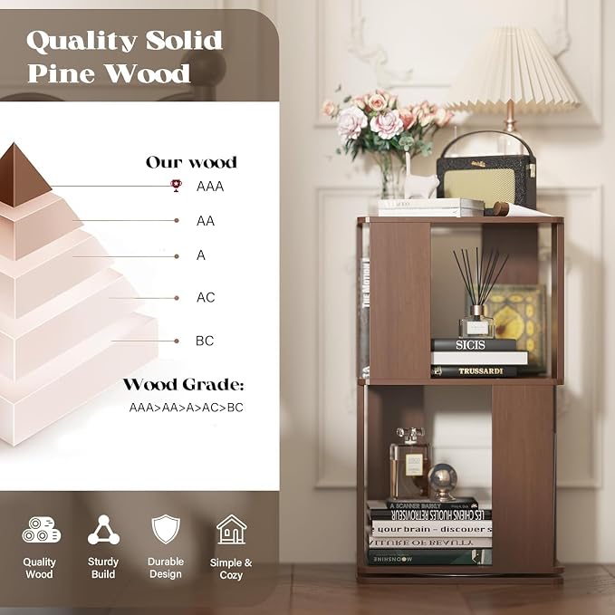 Easyego 2 Tier Solid Wood Rotating Bookshelf, 360° Upgrade Spinning Book Shelf - Image 7