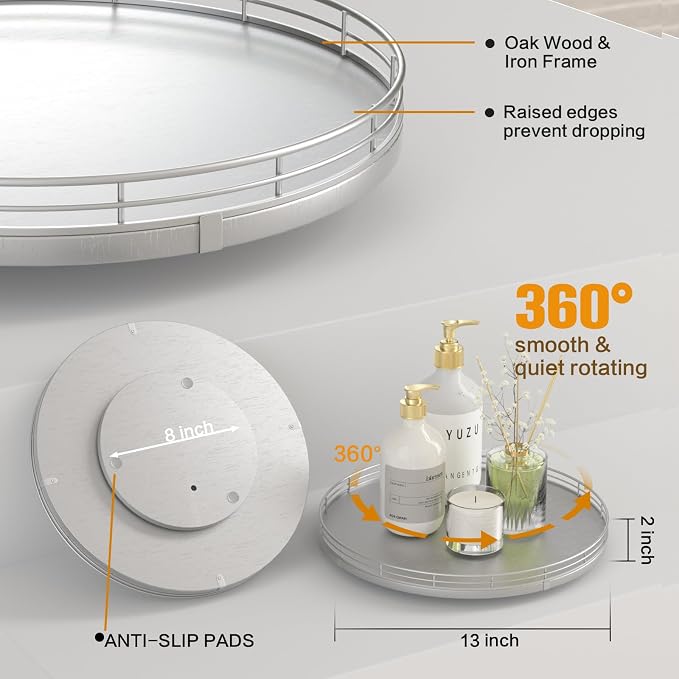 13" Silver Lazy Susan for Table Top, Oak Wood Lazy Susan Turntable Organizer - Image 5