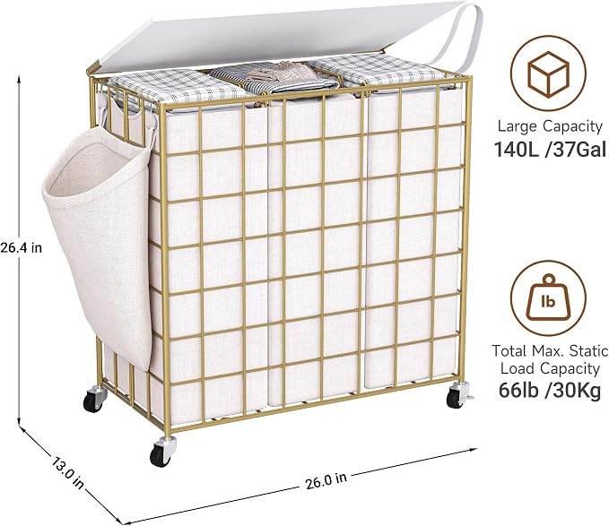 Laundry Basket with Wheels, Heavy Duty Laundry Sorter 3 Sections, 140L Large - Image 3