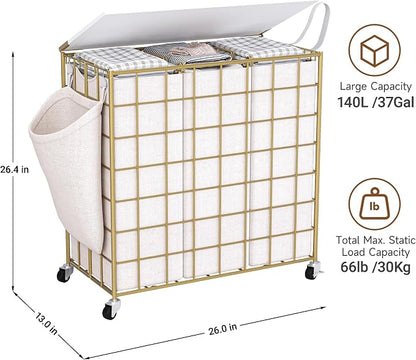 Laundry Basket with Wheels, Heavy Duty Laundry Sorter 3 Sections, 140L Large - Image 3