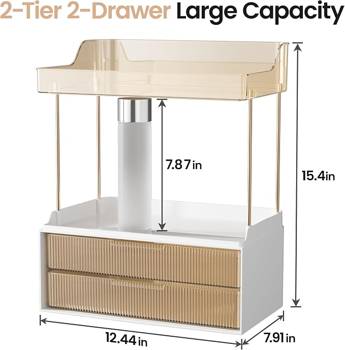 Delamu Bathroom Organizers and Storage, 2 Tier 2 Drawer Makeup Organizer - Image 2
