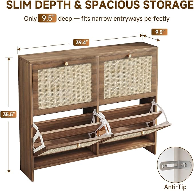 Nicetree Shoe Cabinet Storage for Entryway, 4-Flip Drawer Narrow Shoe Rack - Image 2