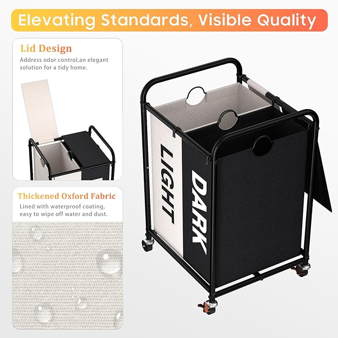 120L Laundry Sorter 2 Section, Rolling Laundry Basket - Image 3