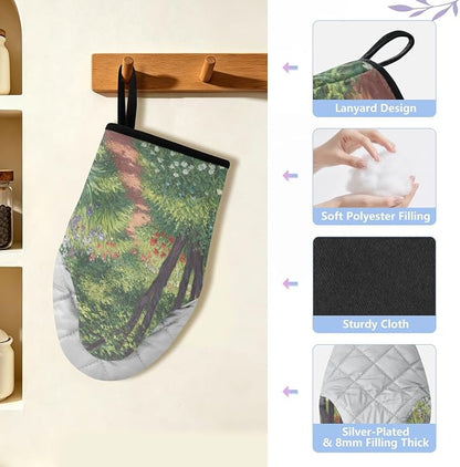 Heat Resistant Oven Mitts, Spring Plants Flowers Tree Scene Kitchen Gloves - Image 4