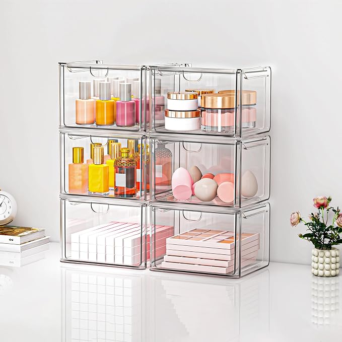 6 Pack Small Stackable Stroage Drawers, Acrylic Bathroom Makeup Organizer - Image 8