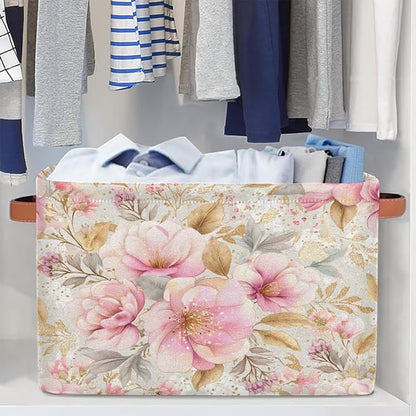 Pardick Pink Gold Flower Basket Storage Bins Large Fabric Toys Storage Cube Box - Image 5