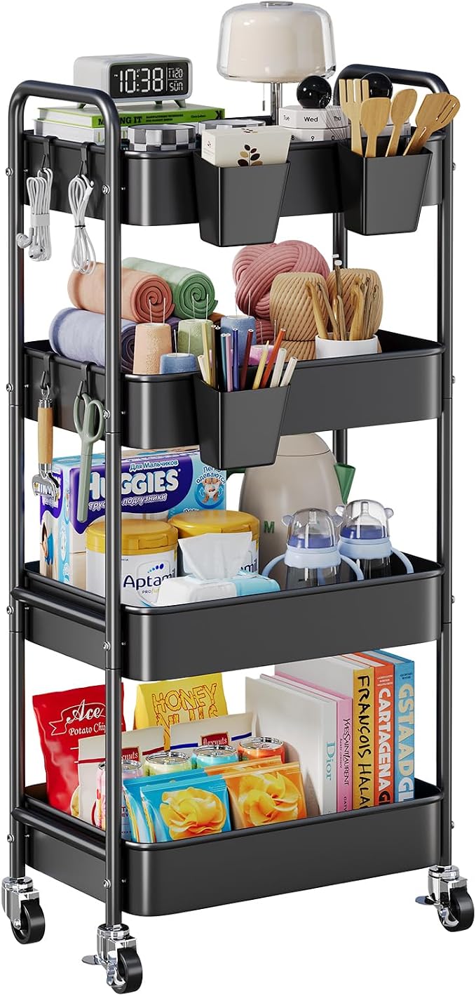 4 Tier Rolling Cart Metal with Wheels, Utility Roller Carts Organizer - Image 9