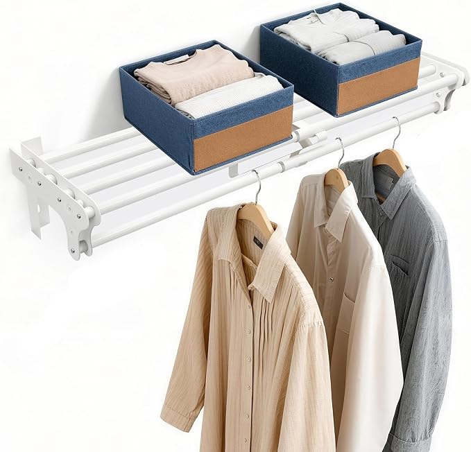 Steel Closet Shelf with Hanging Rod, 40-73'' Expandable Closet Shelves | Back by Vrietina