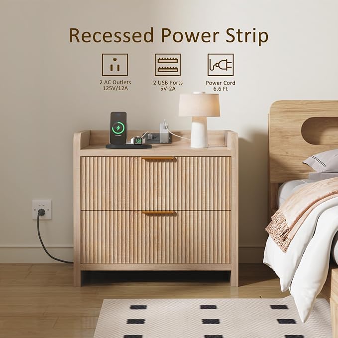 Fluted Nightstand with Charging Station, 23.6" Modern Night Stand with 2 Drawers - Image 4