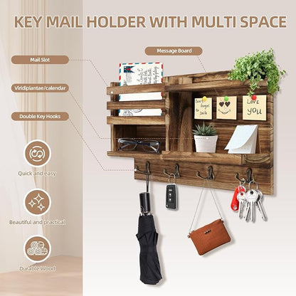 Key Holder Wall Mount, Solid Wood Key and Mail Organizer - Image 2