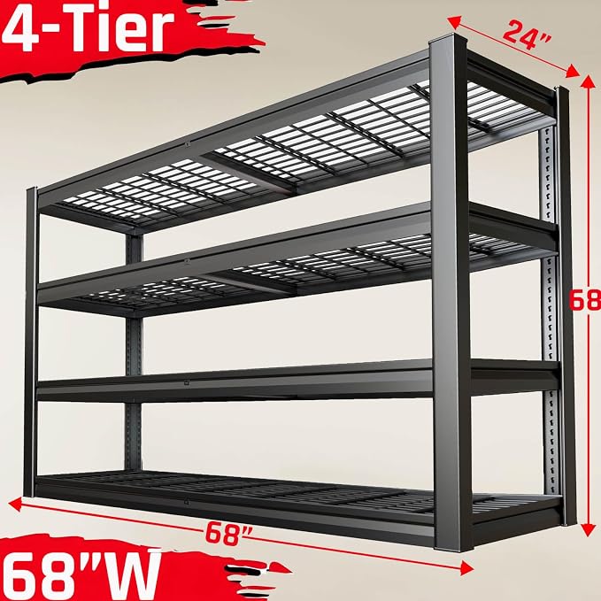 68" Wide Heavy Duty Garage Shelving Units, 4-Tier Deep Storage Shelves - Image 3