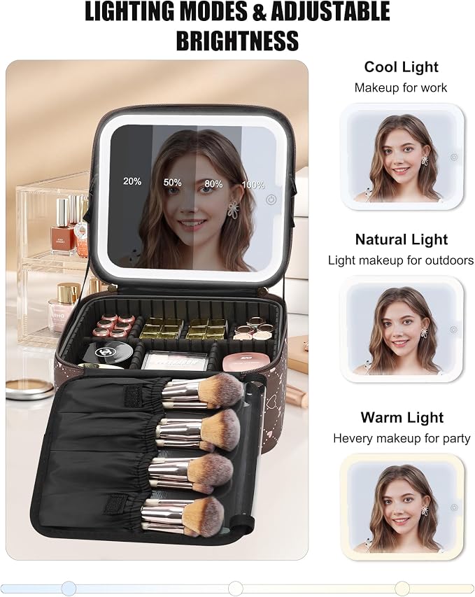 Relavel Travel Makeup Bag With LED Mirror, Small Train Case with Detachable - Image 3
