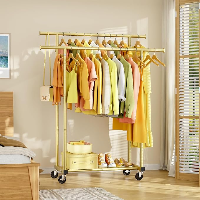HYSEYY Double Rods Clothes Rack, Sturdy Rolling Clothing Rack, Portable - Image 7