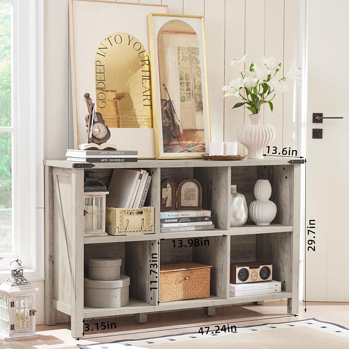 Farmhouse 6 Cube Bookshelf, Rustic Grey Oak Wooden Storage Organizer Book Shelf - Image 2