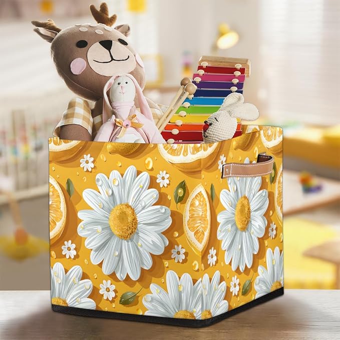 TropicalLife 13x13x13 Inch Large Fabric Storage Cube Lemon Daisy Foldable - Image 7