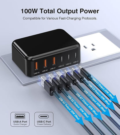 Fast Charger Block, GaN 6 Port USB C Charging Station Hub Cube, 100W Multiport - Image 5
