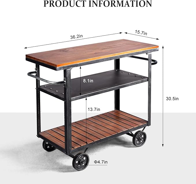 Vintage Rolling Bar Cart on Wheels Industrial Mobile Serving Cart Metal and - Image 4