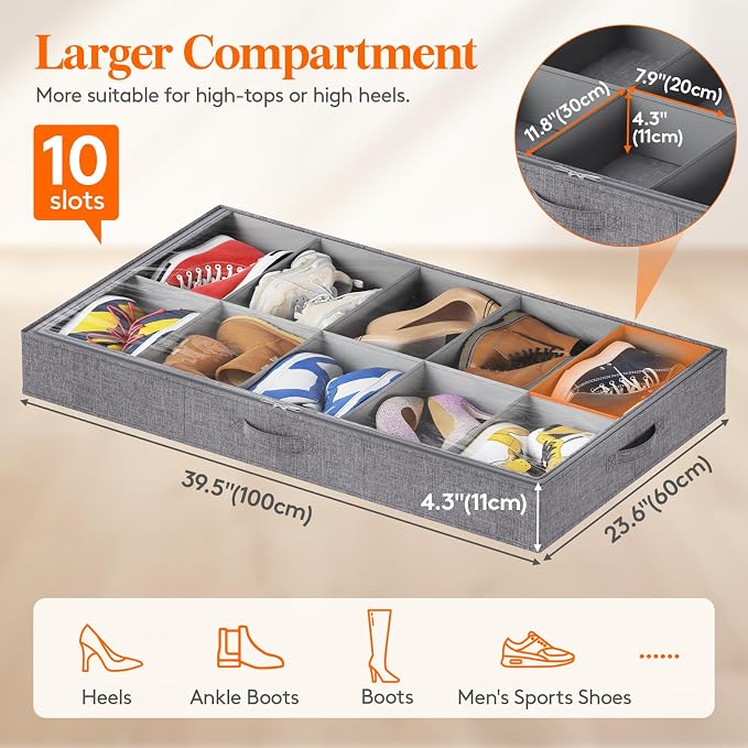 Lifewit Under Bed Shoe Storage Organizer Fits 10 Pair Sneakers, 4.3 Inches Tall - Image 3