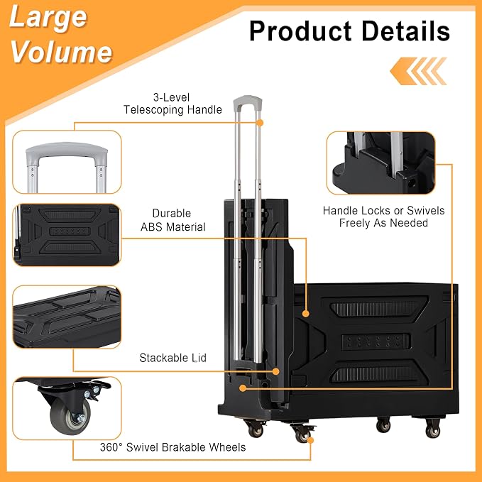 VECELO 88LHeavy-Duty 2-in-1 Foldable Utility Cart, Large Capacity Rolling Crate - Image 2