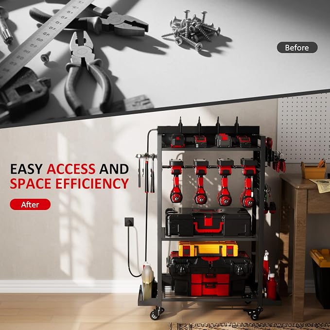 Power Tool Organizer Cart with 8 Power Outlet & Adjustable Storage, Garage - Image 6