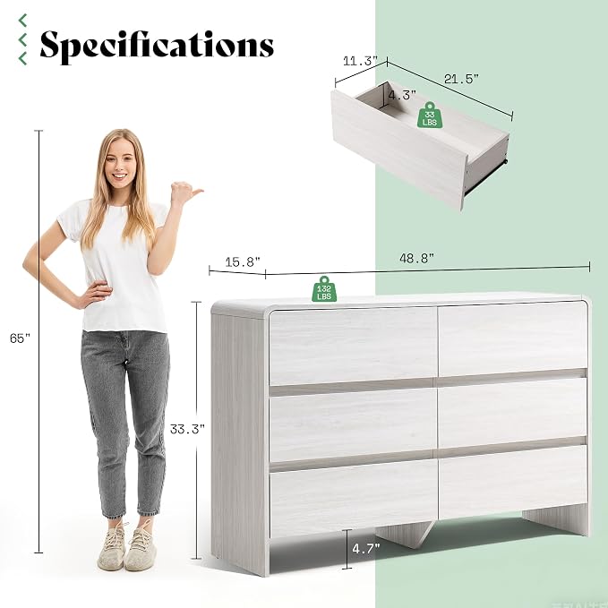 AMERLIFE 6 Drawer Dresser for Bedroom, Anti-Tip Kit, Wood Cabinet Organizer for - Image 3