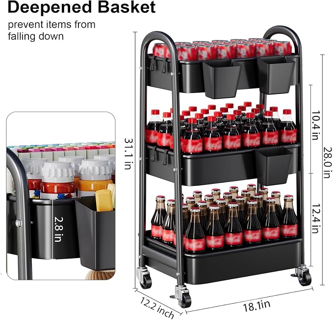 3 Tier Rolling Cart Metal with Wheels, Heavy Duty Three Tiered Rolling Storage - Image 8