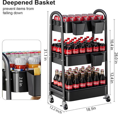 3 Tier Rolling Cart Metal with Wheels, Heavy Duty Three Tiered Rolling Storage - Image 8